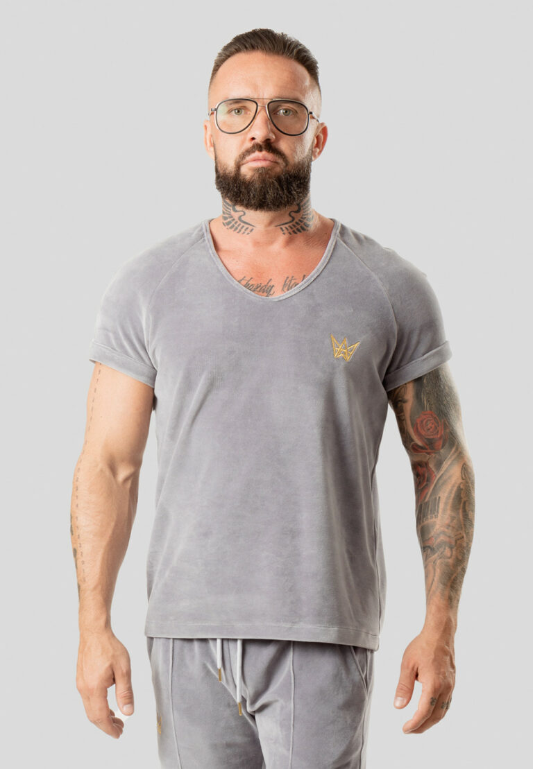 Short raglan velvet T-shirt, light gray