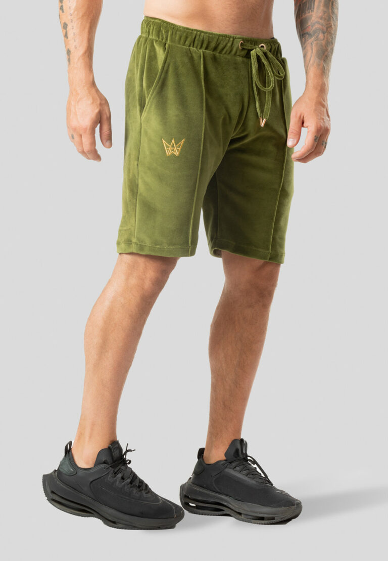 Pleated velvet shorts, olive green