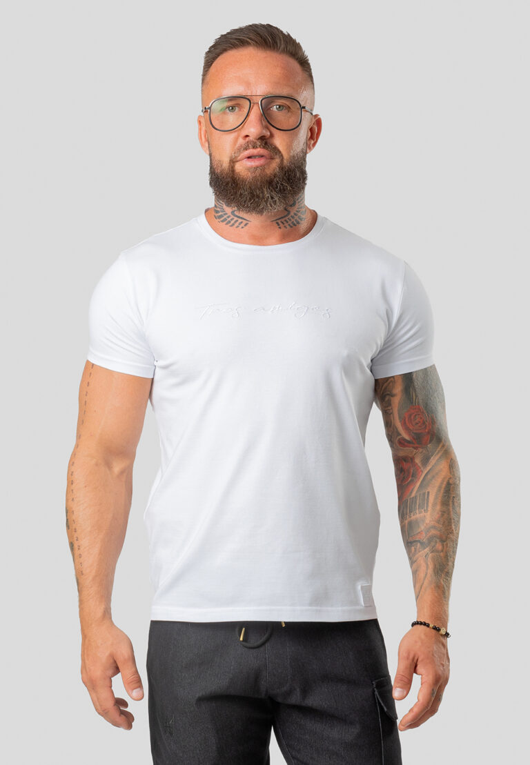 White Men’s T-Shirt Short Sleeves White Embroidery