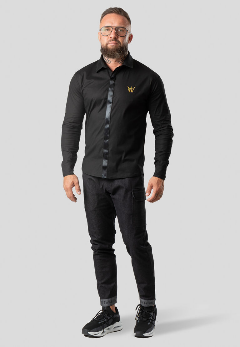 Men’s Black Cotton Long Button Shirt, Gold Crown