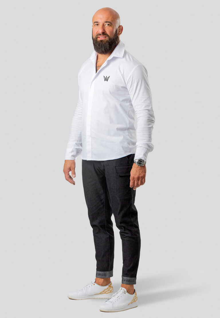 Men’s White Cotton Long Button Shirt, Black Crown