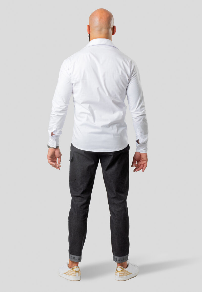 Men's White Cotton Long Button Shirt, Black Crown