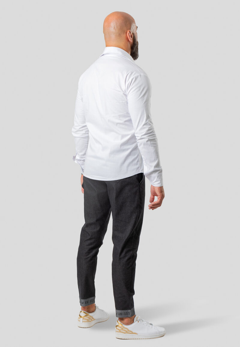 Men's White Cotton Long Button Shirt, Black Crown